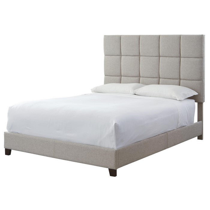 Fabric Upholstered Wooden Queen Sized Bed with Low Floor Design, Beige