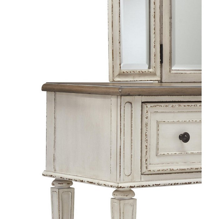 Antiqued Wooden Mirror Stool Set with Square Tapered Legs, White and Brown