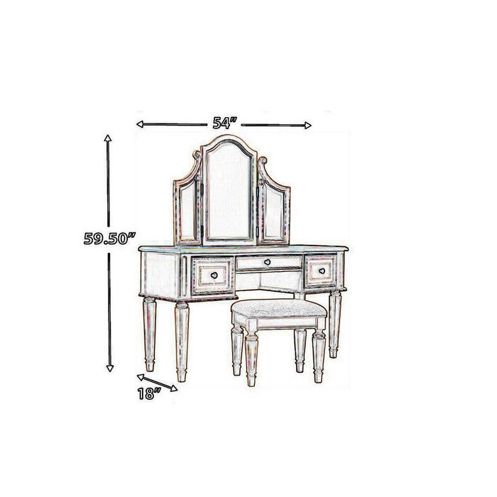 Antiqued Wooden Mirror Stool Set with Square Tapered Legs, White and Brown