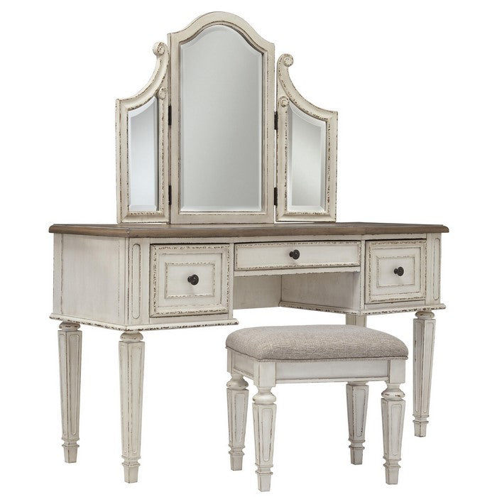Antiqued Wooden Mirror Stool Set with Square Tapered Legs, White and Brown
