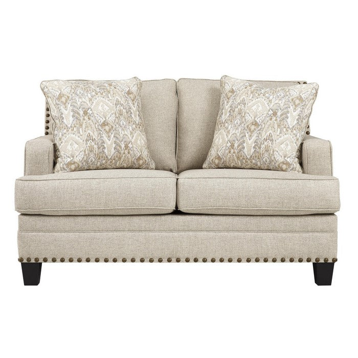 Nailhead Trim Fabric Upholstered Loveseat with Track Arms, Beige