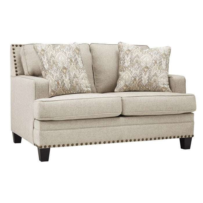 Nailhead Trim Fabric Upholstered Loveseat with Track Arms, Beige