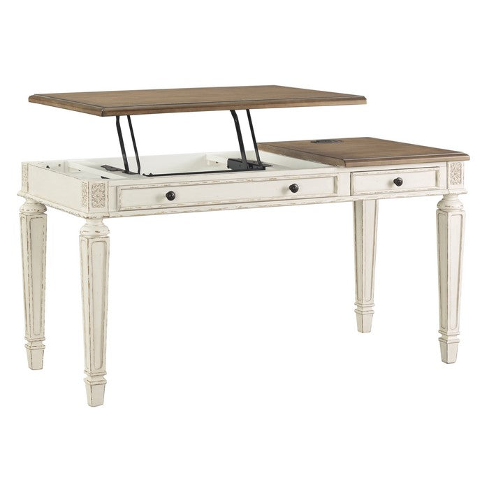 Wooden Lift Top Desk with Textured Finish and Drawers, Brown and White