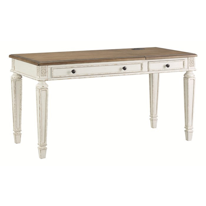 Wooden Lift Top Desk with Textured Finish and Drawers, Brown and White