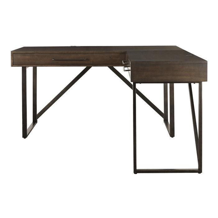 Contemporary Style L-Configured Wooden Office Desk with Drawers, Brown