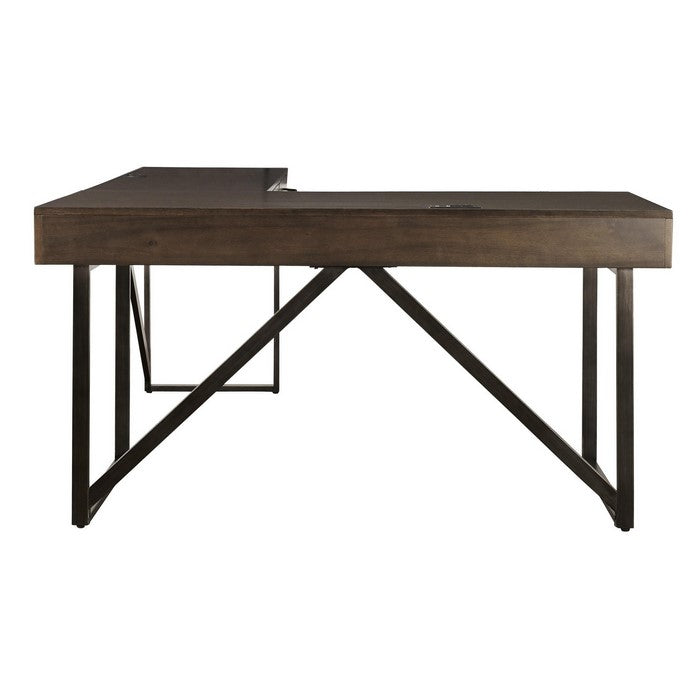 Contemporary Style L-Configured Wooden Office Desk with Drawers, Brown