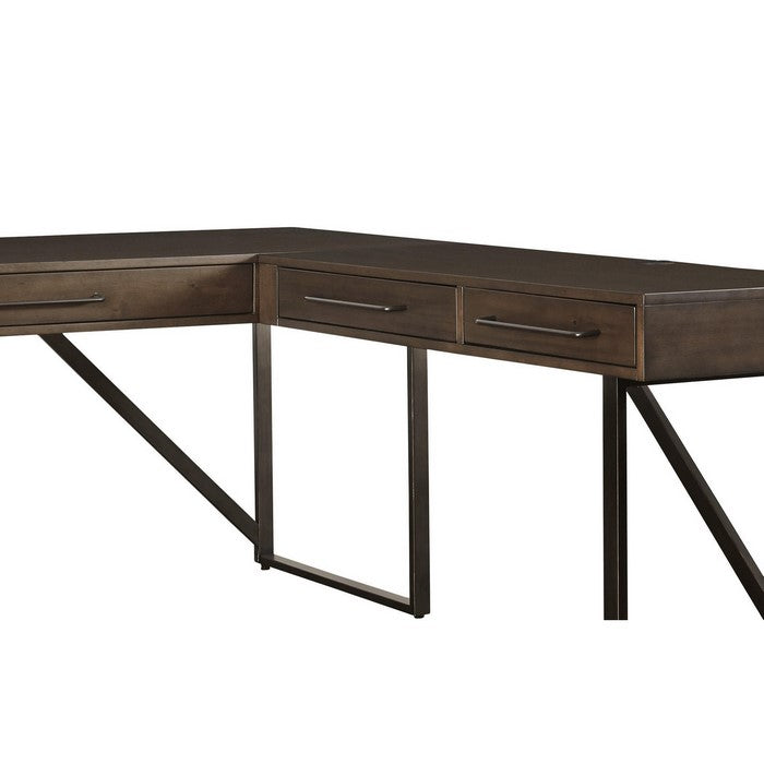 Contemporary Style L-Configured Wooden Office Desk with Drawers, Brown