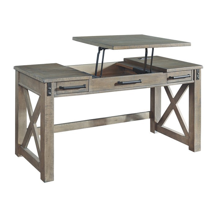 Wooden Lift Top Desk with Textured Finish and Drawers, Gray