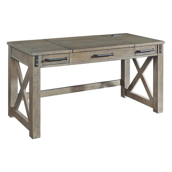 Wooden Lift Top Desk with Textured Finish and Drawers, Gray