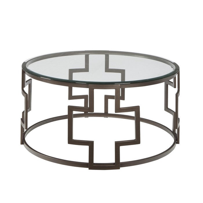 Contemporary Round Table Set with Glass Top and Geometric Metal Body,Bronze