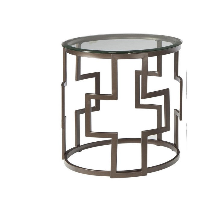 Contemporary Round Table Set with Glass Top and Geometric Metal Body,Bronze