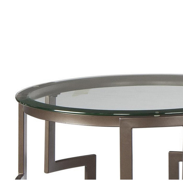 Contemporary Round Table Set with Glass Top and Geometric Metal Body,Bronze