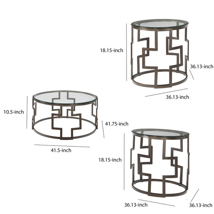 Contemporary Round Table Set with Glass Top and Geometric Metal Body,Bronze