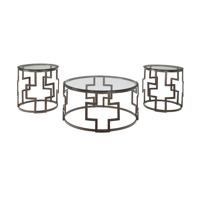 Contemporary Round Table Set with Glass Top and Geometric Metal Body,Bronze