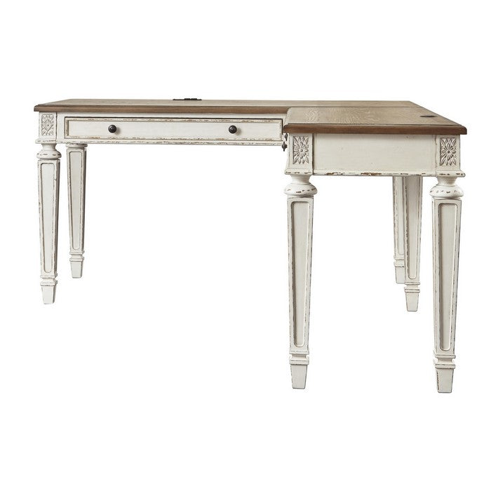 Transitional Wooden Office Desk with Carvings and Drawers, White and Brown