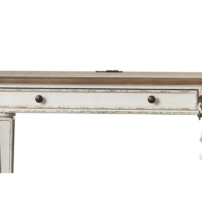 Transitional Wooden Office Desk with Carvings and Drawers, White and Brown