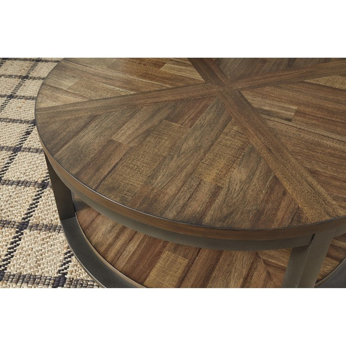 Round Metal Frame Table Set with Wooden Top and Open Bottom Shelf, Brown