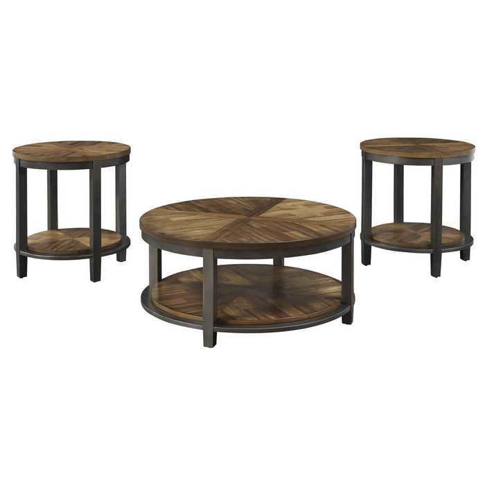 Round Metal Frame Table Set with Wooden Top and Open Bottom Shelf, Brown