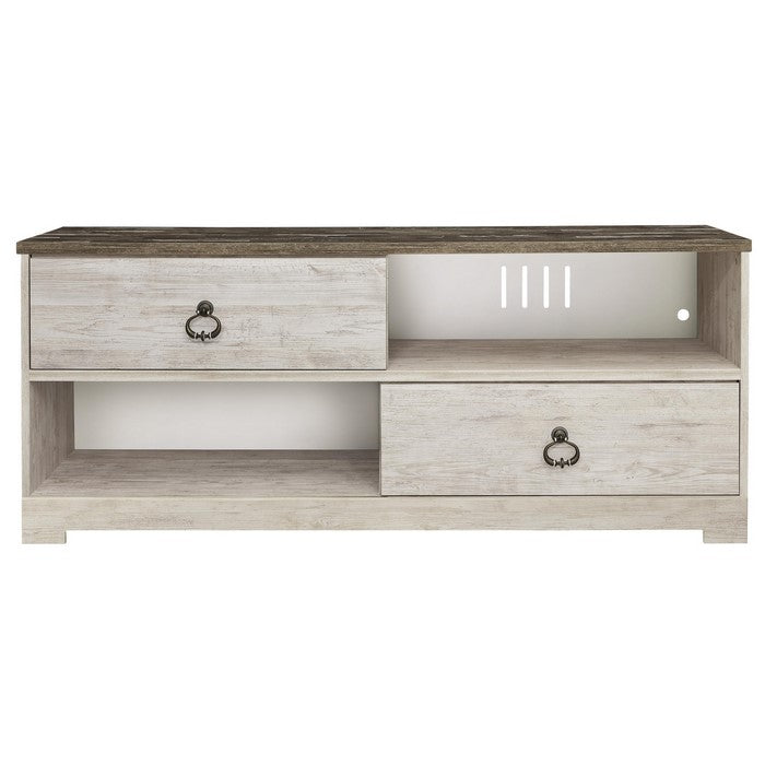 Wooden TV Stand with 4 Cubbies and 2 Sliding Doors, White and Brown