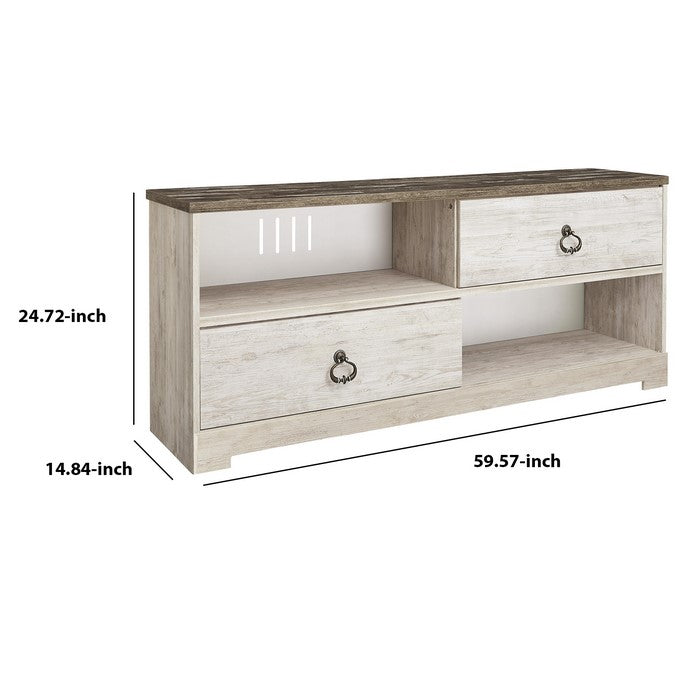Wooden TV Stand with 4 Cubbies and 2 Sliding Doors, White and Brown