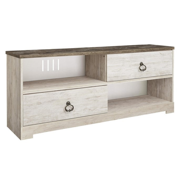 Wooden TV Stand with 4 Cubbies and 2 Sliding Doors, White and Brown