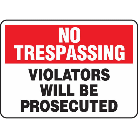 Accuform MATR901VA Aluminum Safety Sign, Legend "NO TRESPASSING VIOLATORS WILL BE PROSECUTED", 7" Length x 10" Width, Red/Black on White
