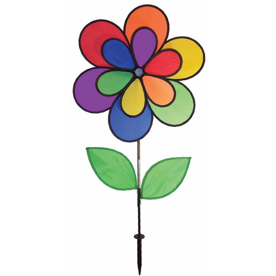 In the Breeze Double Wheel Rainbow Flower with Leaves - Ground Stake Included - Colorful Wind Spinner for your Yard and Garden