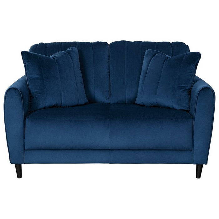 Vertically Quilted Fabric Upholstered Loveseat with Tapered Legs, Blue