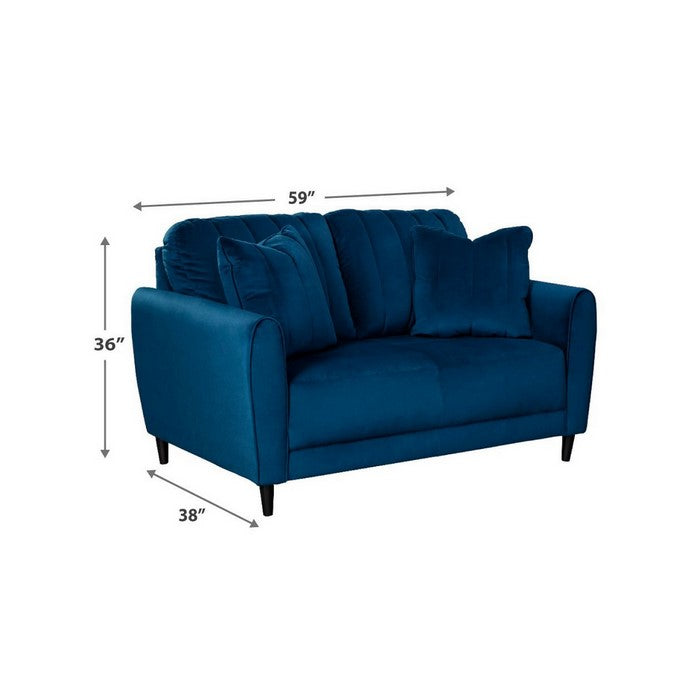 Vertically Quilted Fabric Upholstered Loveseat with Tapered Legs, Blue