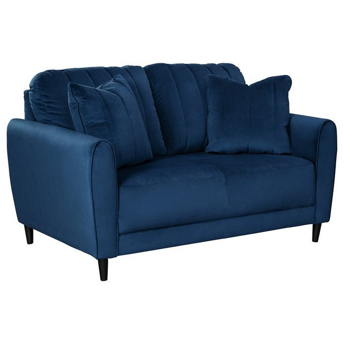 Vertically Quilted Fabric Upholstered Loveseat with Tapered Legs, Blue