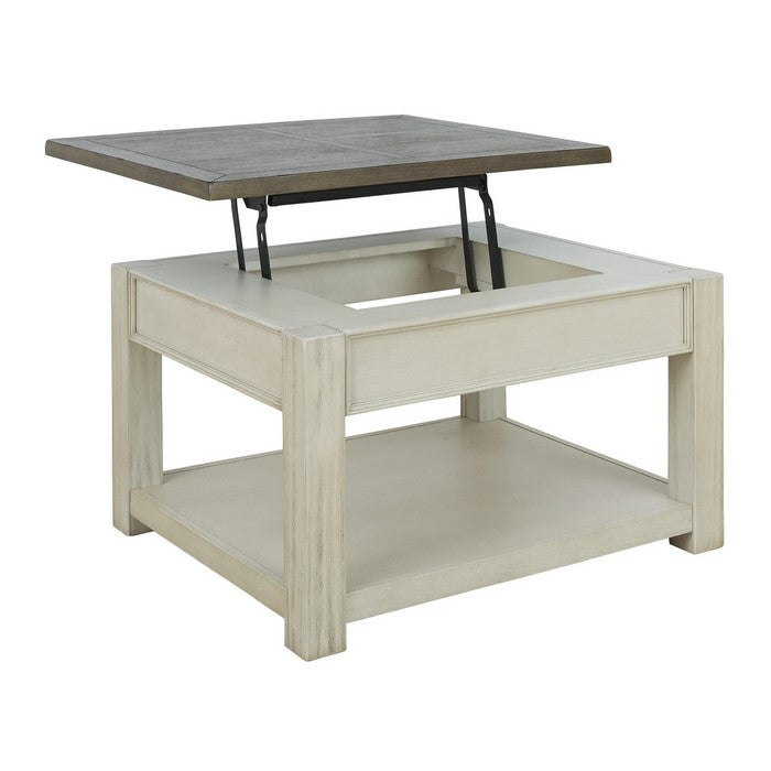 Two Tone Wooden Lift Top Cocktail Table with Open Shelf, Brown and White