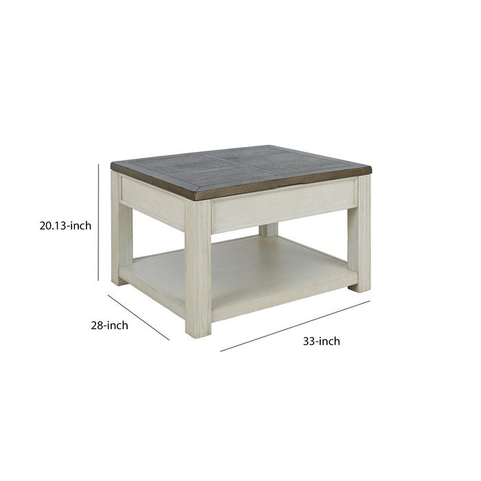 Two Tone Wooden Lift Top Cocktail Table with Open Shelf, Brown and White