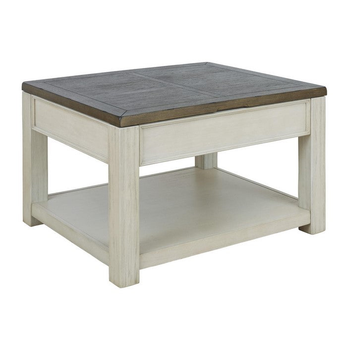Two Tone Wooden Lift Top Cocktail Table with Open Shelf, Brown and White