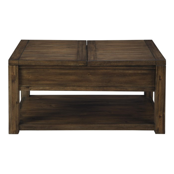 Rectangular Split and Lift Top Wooden Cocktail Table with Open Shelf, Brown