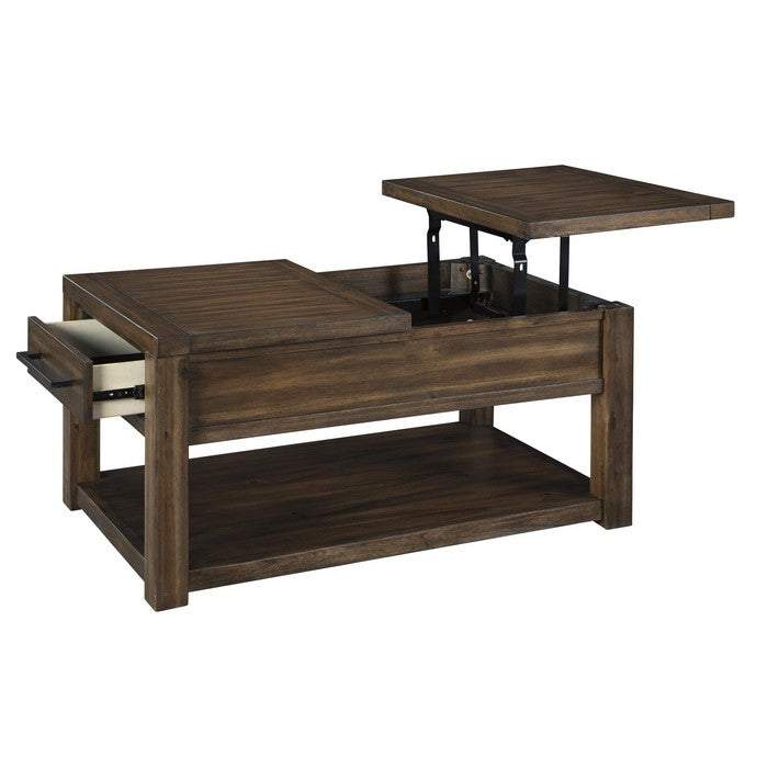 Rectangular Split and Lift Top Wooden Cocktail Table with Open Shelf, Brown