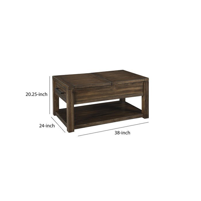 Rectangular Split and Lift Top Wooden Cocktail Table with Open Shelf, Brown