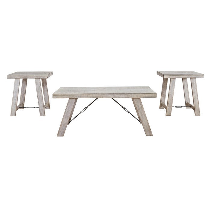 Wooden Table Set with Canted Legs and Tension Bars, Washed White