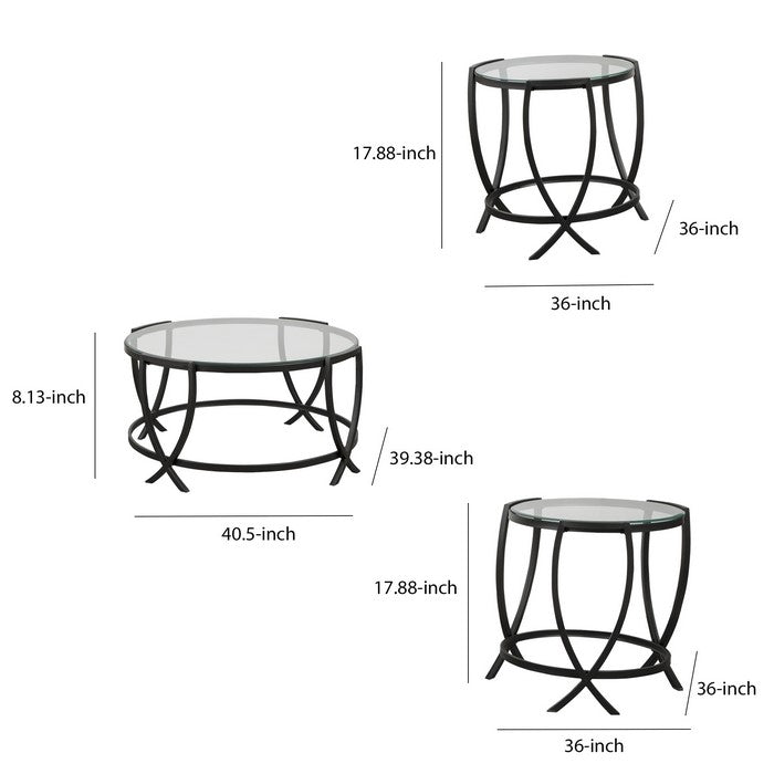 Contemporary Round Table Set with Glass Top and Geometric Metal Body, Black