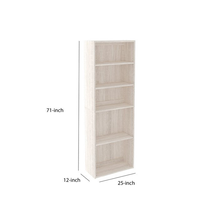 Transitional Wooden Bookcase with 5 Shelves, Washed White