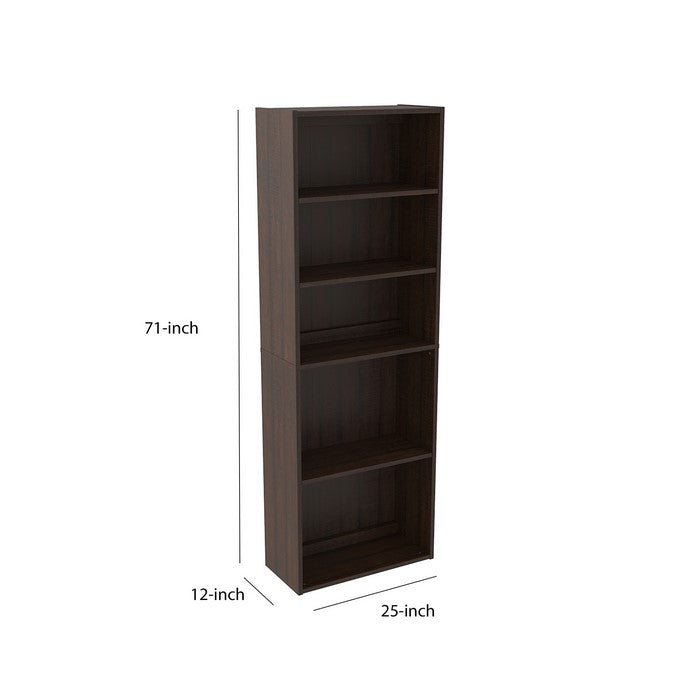Transitional Wooden Bookcase with 5 Shelves, Espresso Brown