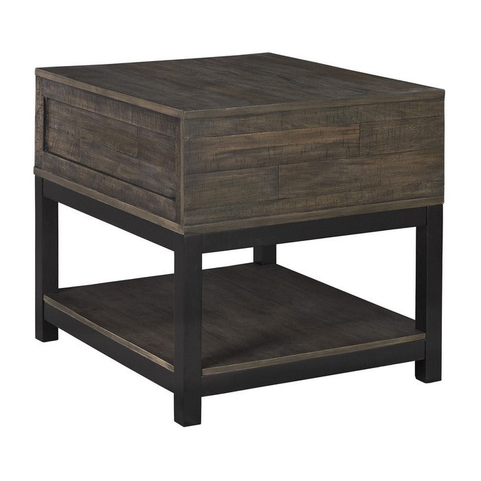 Two Tone Wooden End Table with 1 Drawer and Metal Base, Brown and Black
