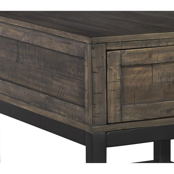 Two Tone Wooden End Table with 1 Drawer and Metal Base, Brown and Black