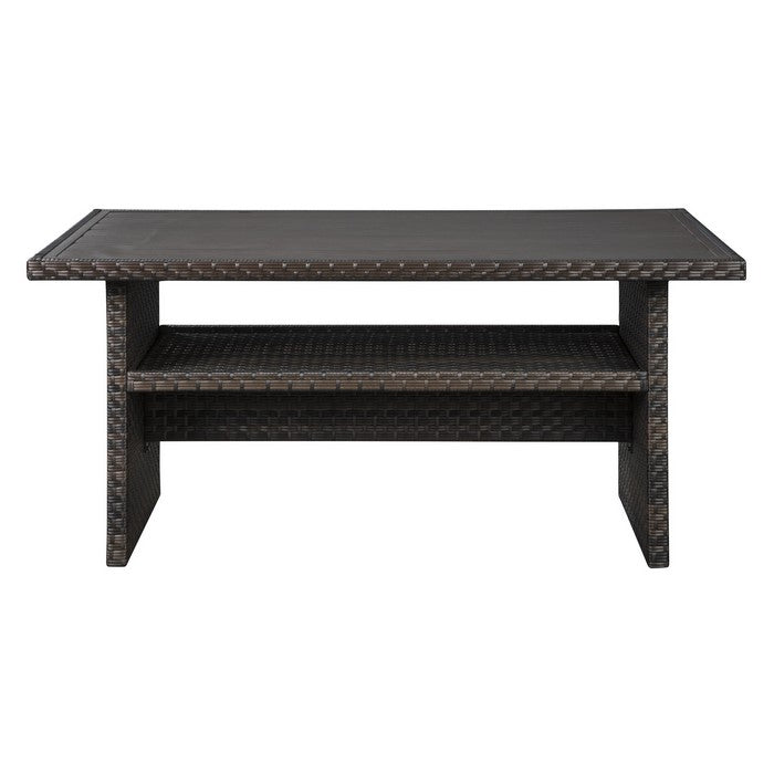 Rectangular Wicker Woven Aluminum Frame Table with Open Shelf, Dark Brown