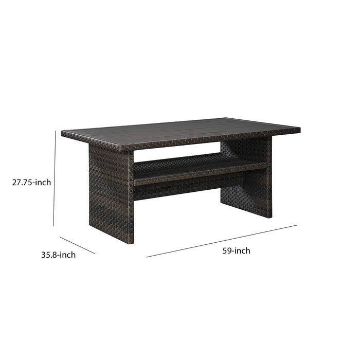 Rectangular Wicker Woven Aluminum Frame Table with Open Shelf, Dark Brown