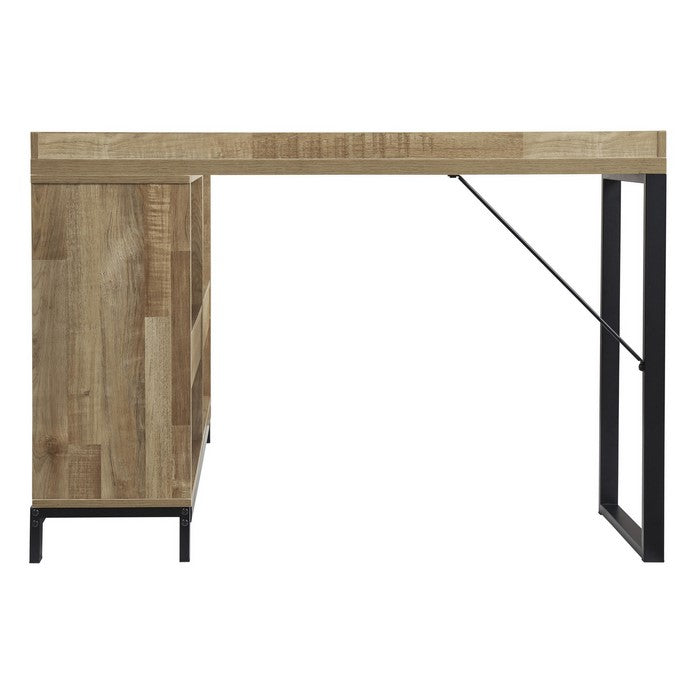 Contemporary Wooden L-Shaped Office Desk with Metal Support Stand, Brown