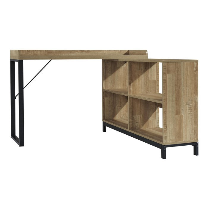 Contemporary Wooden L-Shaped Office Desk with Metal Support Stand, Brown