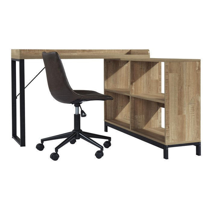 Contemporary Wooden L-Shaped Office Desk with Metal Support Stand, Brown