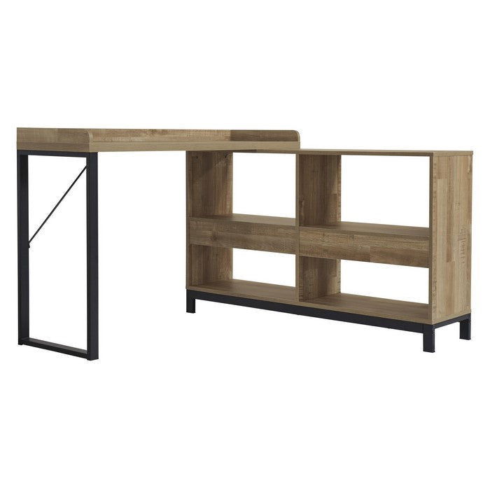 Contemporary Wooden L-Shaped Office Desk with Metal Support Stand, Brown
