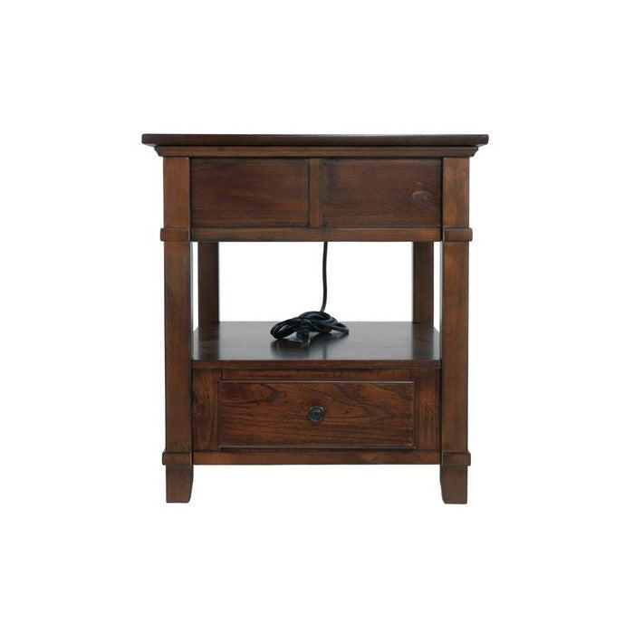 1 Drawer Lift Top End Table with Open Bottom Shelf and Power Hub, Brown
