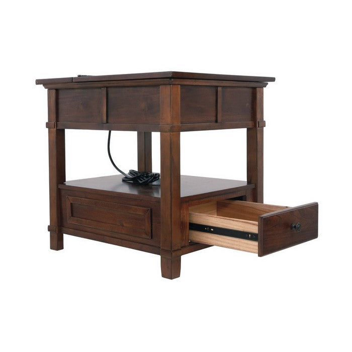 1 Drawer Lift Top End Table with Open Bottom Shelf and Power Hub, Brown